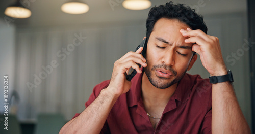 Photography Frustrated, man and talk in home with phone call, feedback and disappointed for financial crisis problem