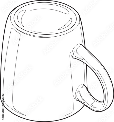 Black and white line drawing of a classic ceramic mug with a handle, presented from a side perspective with subtle shading, isolated on white. , Generative Ai