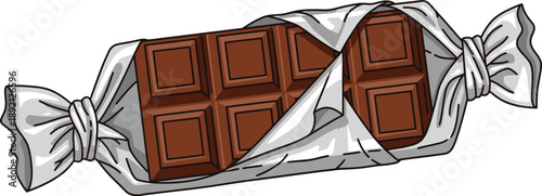 Chocolate bar wrapped in foil, flat lay illustration