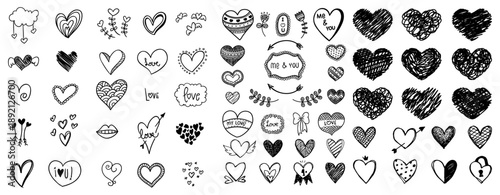 Doodle hearts drawn by hand. Grunge scrawls, chalk scribbles, rough brush strokes, underlines and circles