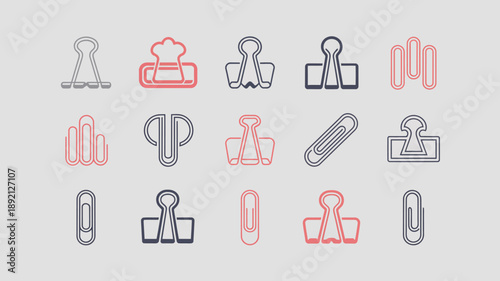 An assortment of various metallic paper clips in shades of gray and red are arranged on a light gray background high quality professional detailed modern elegant