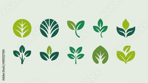 A collection of stylized leaf designs in varying shades of green are arranged in two rows showcasing diverse botanical elements high quality professional detailed modern elegant