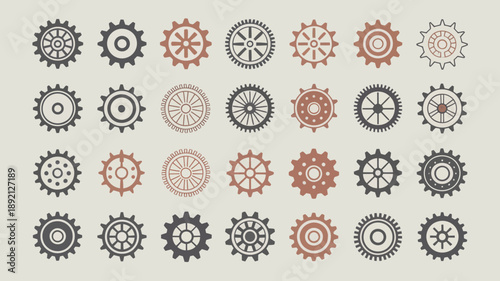 A collection of twenty four flat stylized gears in varying sizes and shades of brown black and white are displayed on a neutral background high quality