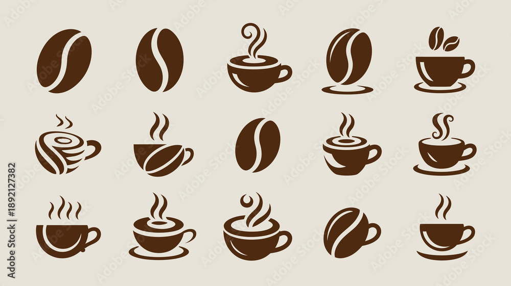 Obraz premium A collection of stylized coffee beans cups and brewing elements are displayed in varying shades of brown on a neutral background high quality professional detailed modern