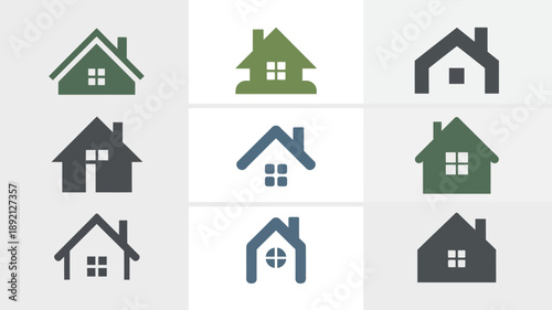 A grid displaying nine distinct simplified house icons in varying shades of green gray and black all with pitched roofs high quality professional detailed modern elegant