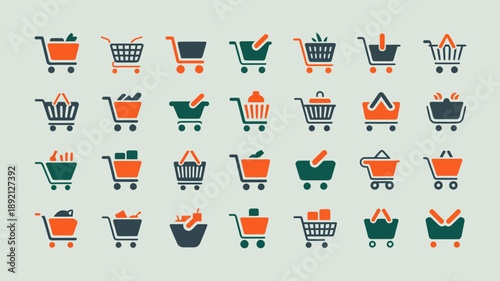 A collection of twenty five flat design shopping cart icons in various shades of orange teal and dark gray are displayed on a pale green