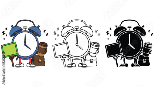 A colorful illustration of alarm clocks in different stages of design