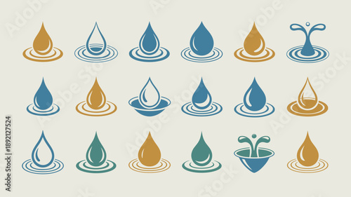 A collection of stylized water droplets in varying shades of blue teal and gold some with ripple effects and plant sprouts high quality professional detailed modern