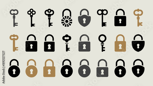 An assortment of vintage and modern keys and padlocks are displayed in varying shades of gold and grey high quality professional detailed elegant stylish clean crisp
