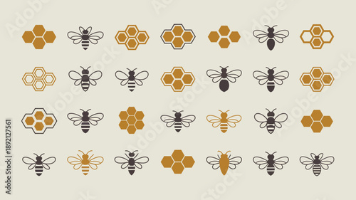 A repeating pattern displays stylized honeybees and honeycomb cells in shades of brown and beige against a pale background high quality professional detailed modern elegant stylish