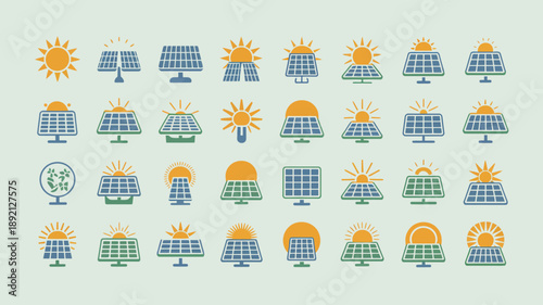 An assortment of solar panel and sun icons are shown in varying shades of blue orange and yellow against a light green backdrop high quality professional