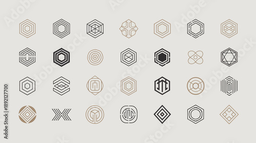 A collection of twenty five geometric logo designs primarily utilizing hexagonal and circular shapes in neutral earthy tones high quality professional detailed modern elegant stylish clean