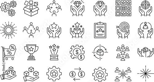 Business icons, teamwork, customer service, marketing, finance, value, quality, planning, leadership, innovation, success, collaboration, strategy, concept, symbol