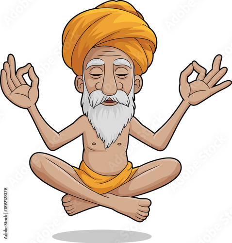 Cartoon yoga guru meditating in lotus pose, peaceful sadhu character illustration isolated on white background