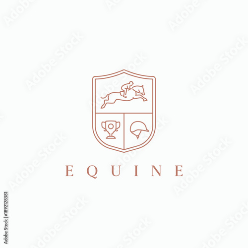 Equine linear style crest badge logo design. Minimal emblem badge horse jockey symbol logo illustration