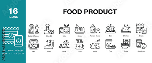 Food Product icon set. Includes food, product, grocery, packaged, snack, beverage and More. Editable Stroke Icon Collection.