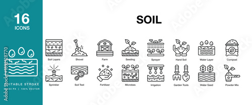 Soil icon set. Includes soil, earth, ground, dirt, land, clay, sand and More. Editable Stroke Icon Collection.