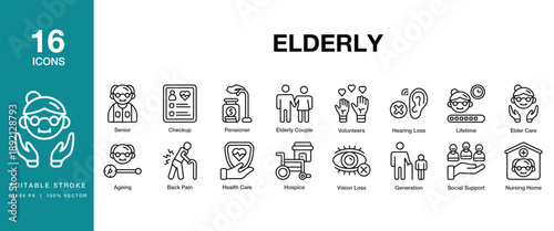 Elderly icon set. Includes elderly, senior, aging, old, pensioner, retired, retirement and More. Editable Stroke Icon Collection.