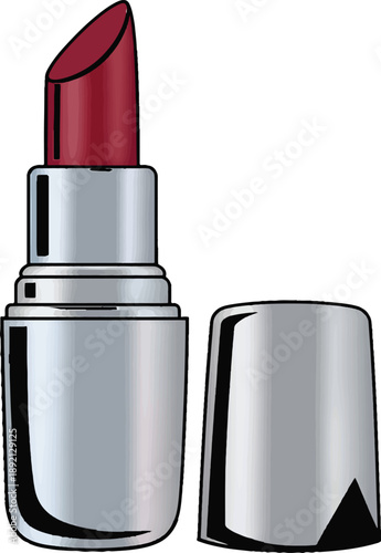 Silver lipstick tube with open cap and deep red color