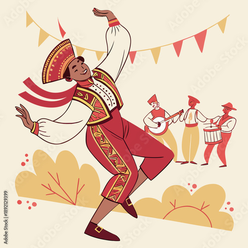 Traditional folk dance character with expressive movement and musicians