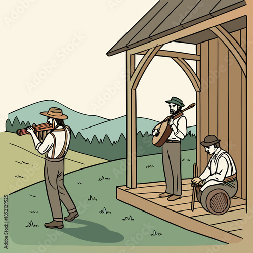 Rural musicians playing instruments on porch and in yard