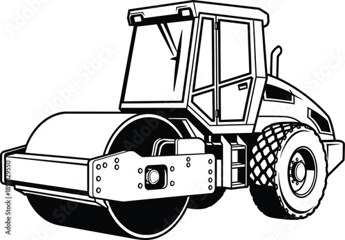 Black and white line art illustration of a heavyduty road roller compactor vehicle with a large front drum and treaded rear tire.