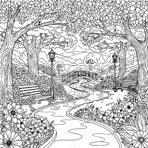 Whimsical black and white park scene with winding path, benches, lamps, and bridge, perfect for adult coloring books and relaxation. , Generative Ai