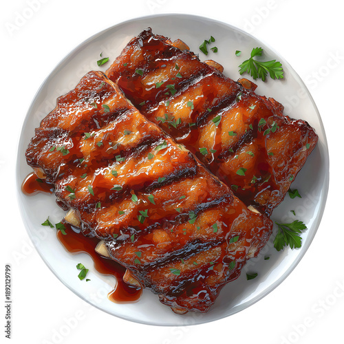 Deliciously glazed and grilled pork spare ribs slathered in sweet barbecue sauce and sprinkled with fresh parsley served on a white plate viewed from above