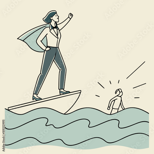 Woman in business attire standing on surfboard above water rescuing man