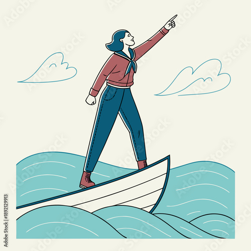 Woman standing on boat pointing ahead with clouds and waves