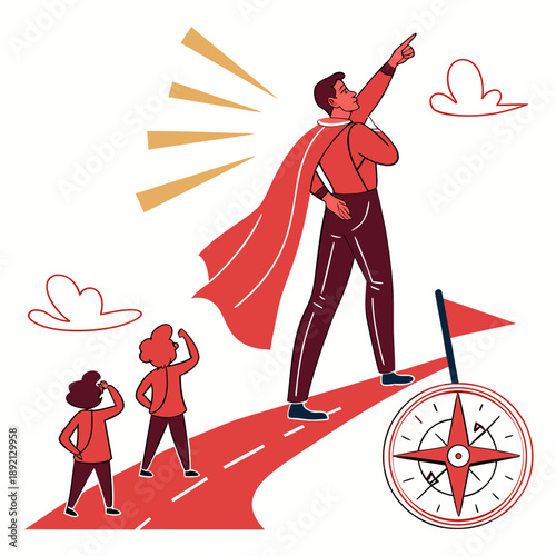 Leadership metaphor with strong central figure guiding team on path with compass