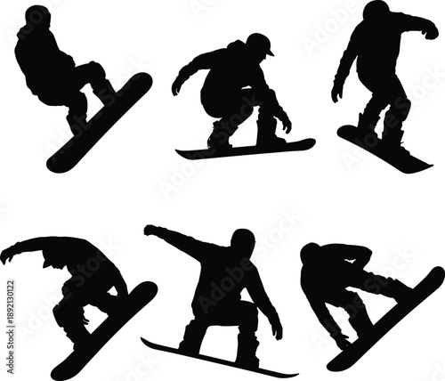 Set of black silhouettes of snowboarders performing jumps and stunts isolated on white background for winter sports and extreme mountain recreation