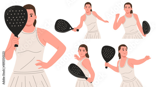 set of woman holding a paddle, poses performing forehand and backhand movements, isolated. Suitable for sports concepts, fitness, recreation, training, tournament promotion, modern athletic