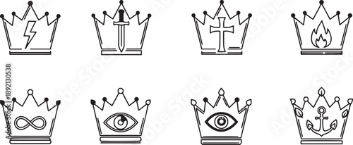 Set of royal crown line icons with power and religious symbols