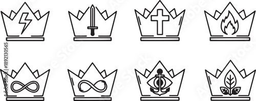 Set of royal crown line icons with power and religious symbols