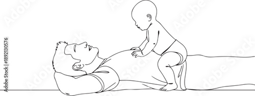 Father lying down with baby sitting on his chest in line style infant child