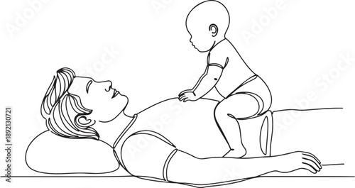 Continuous line drawing of a father lying down playing with his baby on his chest