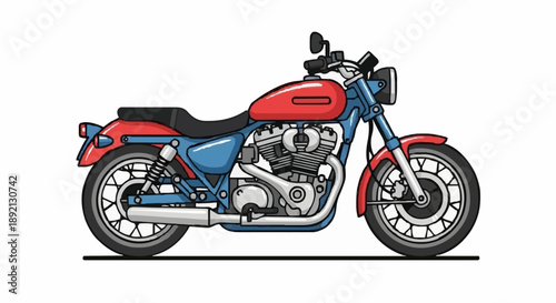 Classic Red and Blue Motorcycle Side View Illustration.