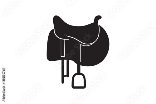 Black silhouette of horse saddle with stirrups isolated on white background for equestrian