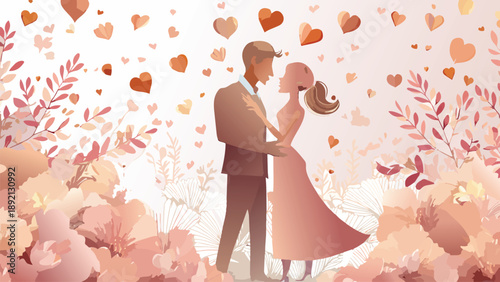 Romantic love couple with floral and love symbols valentine day celebration background