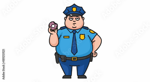 Chubby Cartoon Police Officer Holding a Donut.