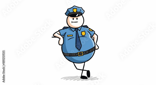 Chubby cartoon police officer leaning against invisible wall.