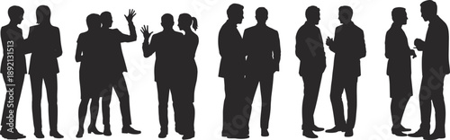 Business professionals networking in casual conversation during corporate event, collaboration and communication concept with diverse silhouettes interacting in small groups against white background