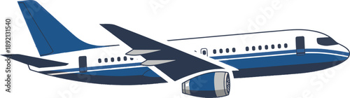 Blue and white passenger jet in flight, side view illustration