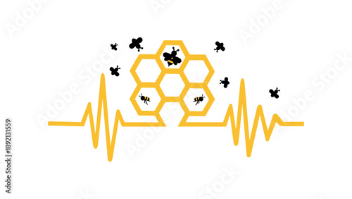 A stylized illustration of a bee hive with a heartbeat rhythm