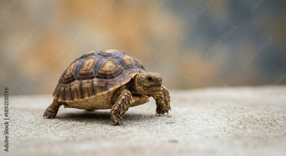 Fototapeta premium Juvenile Sulcata tortoise walking on concrete pathway in bright soft natural light outdoors, side view of African spurred tortoise with detailed shell scutes, nature and pet concept.
