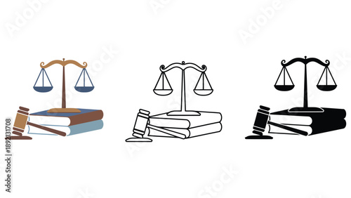 A set of legal icons featuring scales and a gavel with books