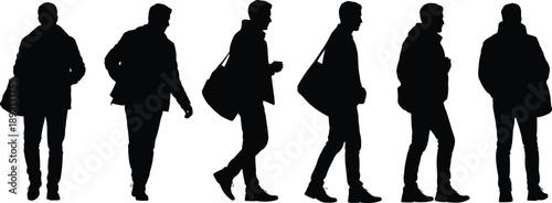 Silhouettes of young men walking with shoulder bags, representing modern urban lifestyle, casual commuting, everyday travel and contemporary fashion movement on isolated white background