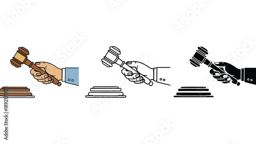 A graphic illustration of hands holding gavels in different colors and styles