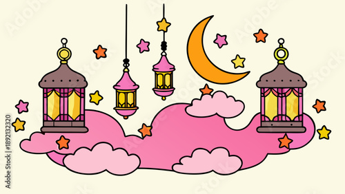Whimsical night sky with lanterns and stars